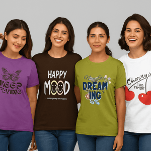 Group of girls wearing Touch Sustainable round neck printed T-shirts, casual and trendy cotton wear for everyday use